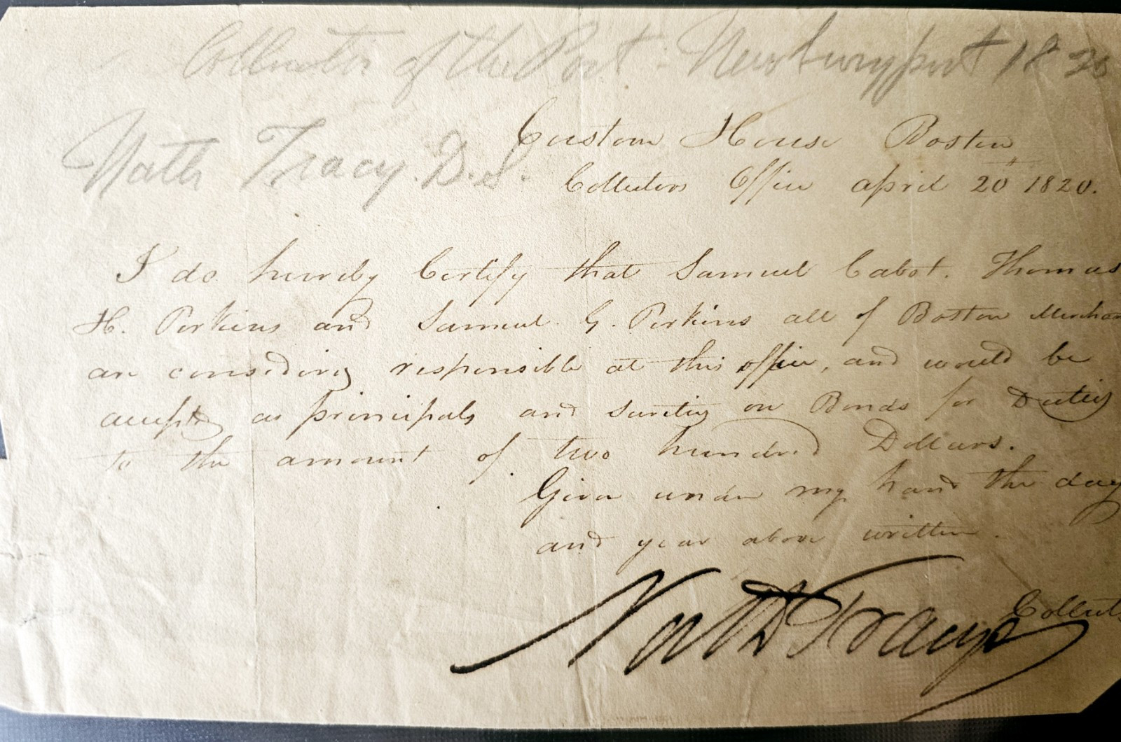 1820 Customs House Document Signed Nathl Tracy Boston Merchants Cabot & Perkins