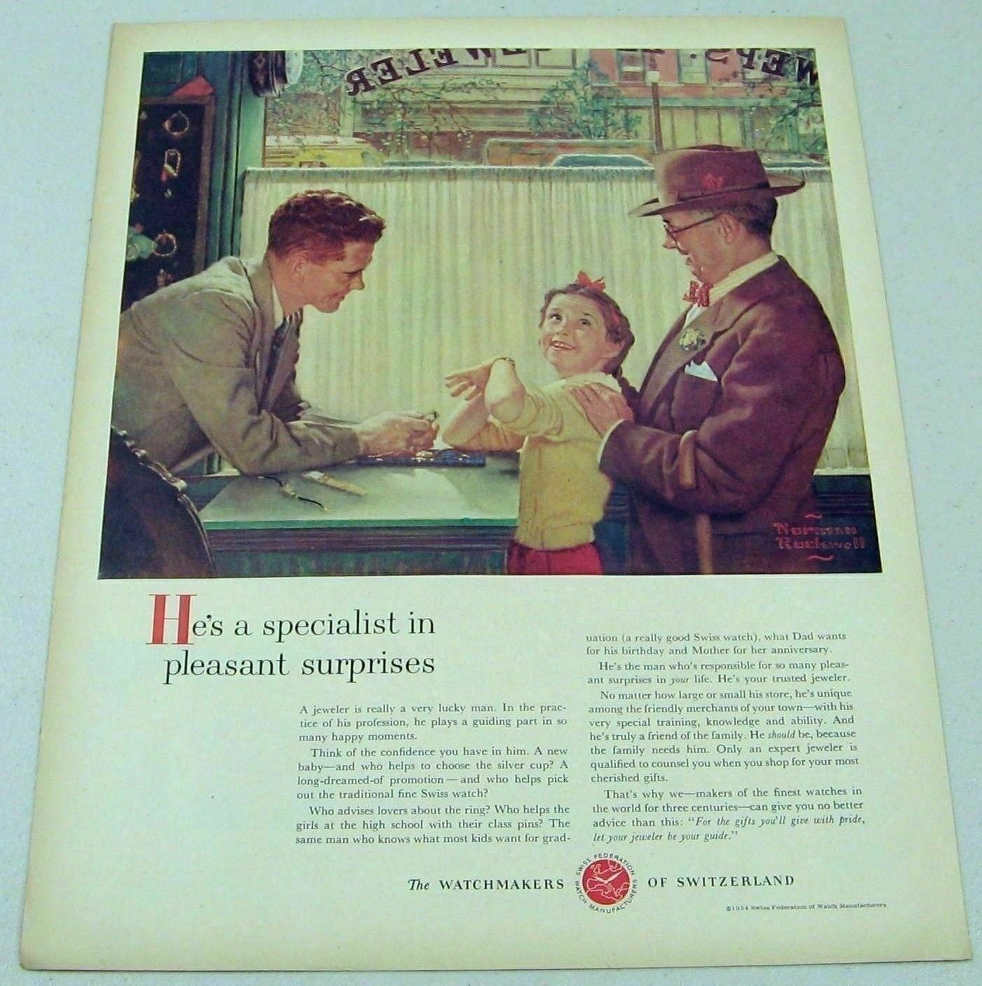 1954 Print Ad Watchmakers of Switzerland Happy Girl Illustrated Norman Rockwell