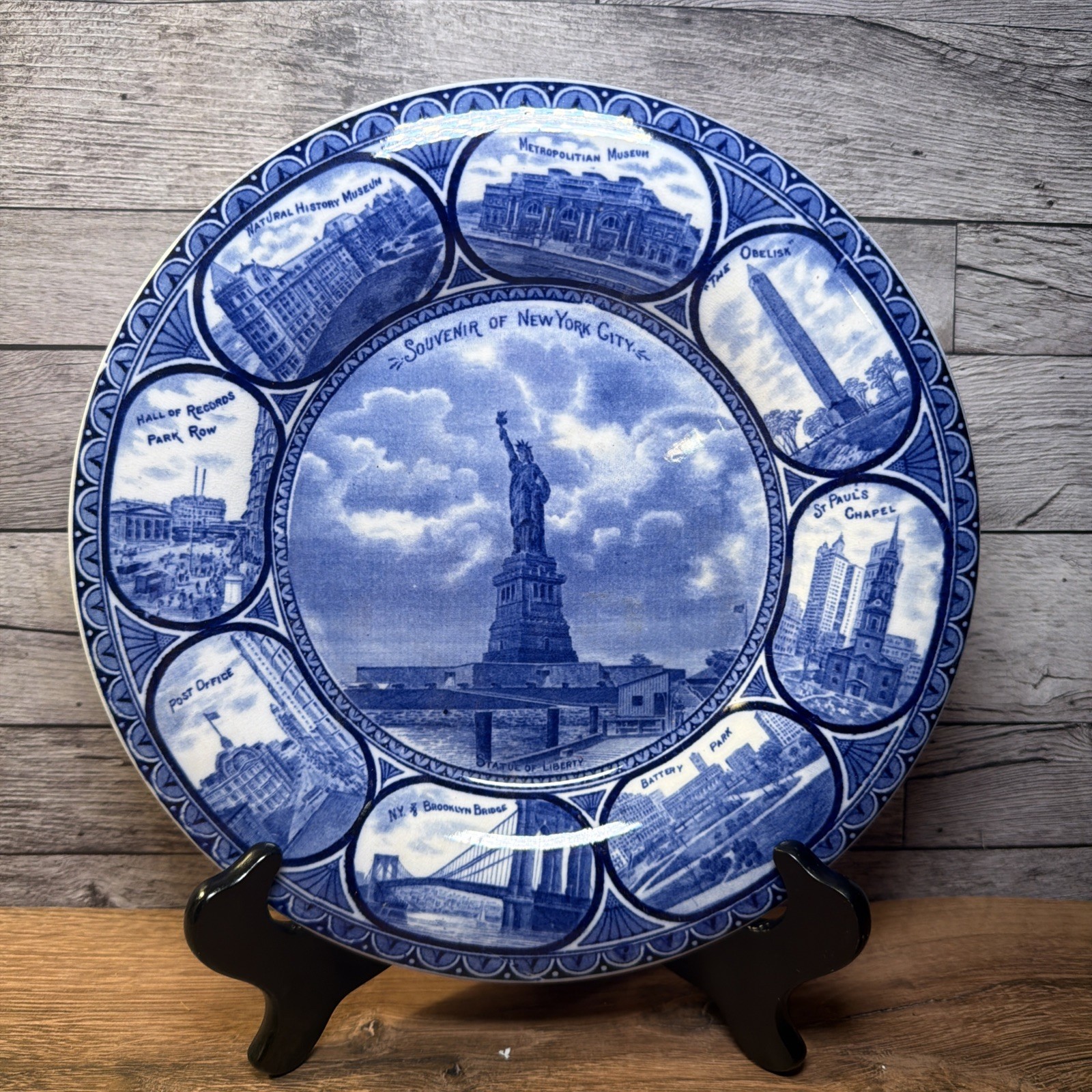 R&M Antique Rowland Marsellus New York City Souvenir Plate Statue Liberty Blue
