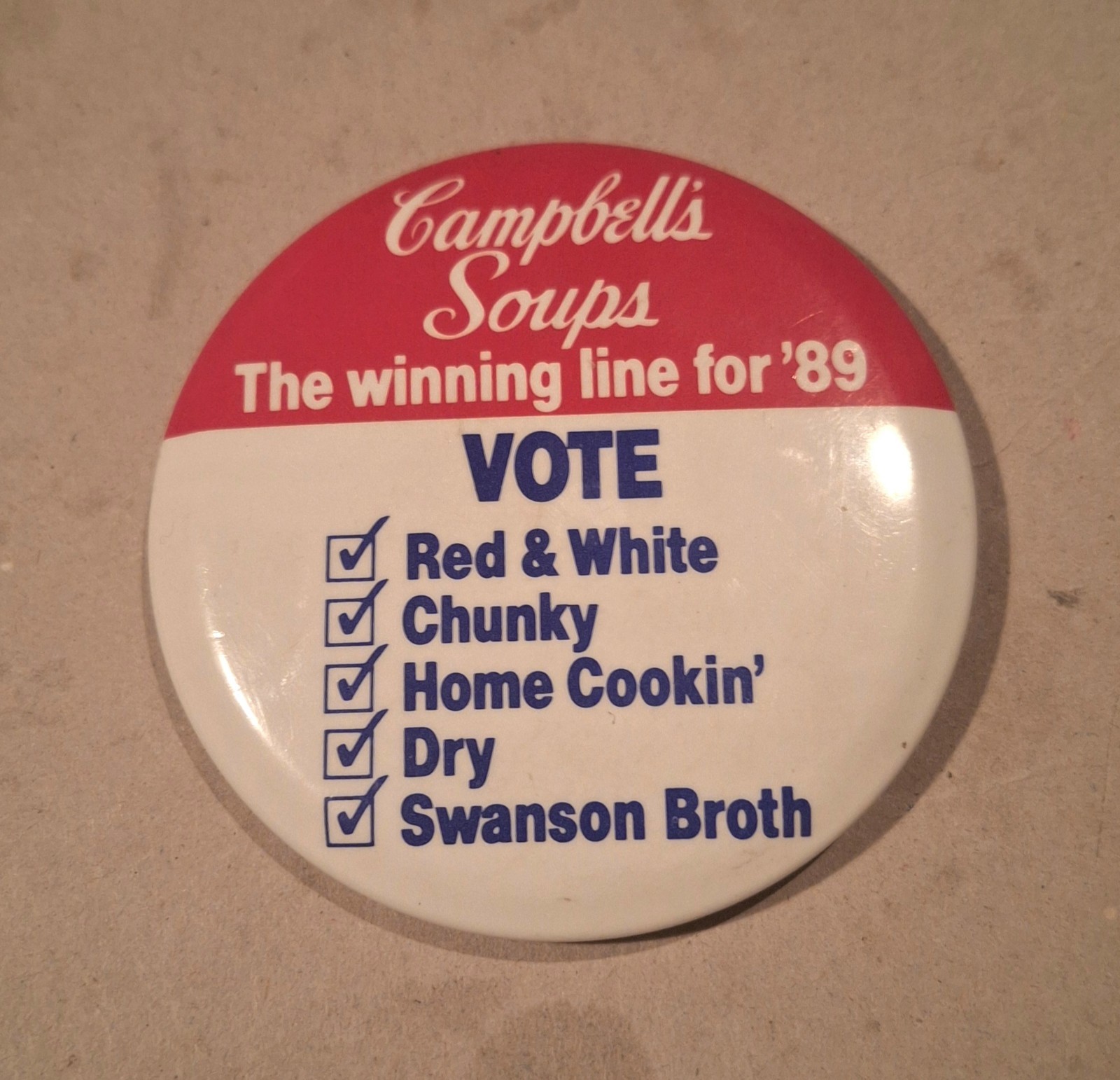 vintage 1989 advertising pinback button from Campbell's Soups