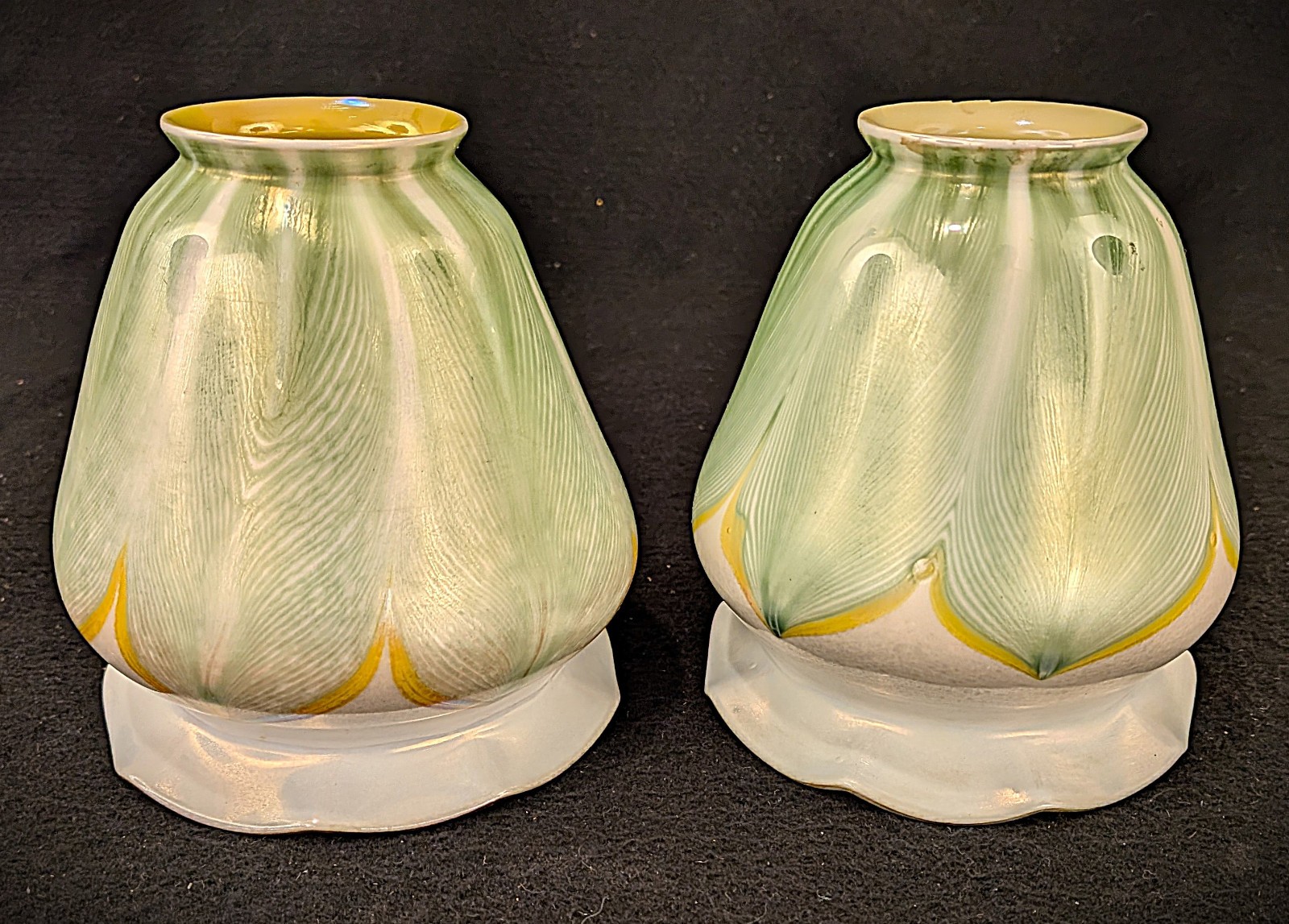 Pair of Quezal or Steuben Glass Green Pulled Feather Lamp Shades Unsigned