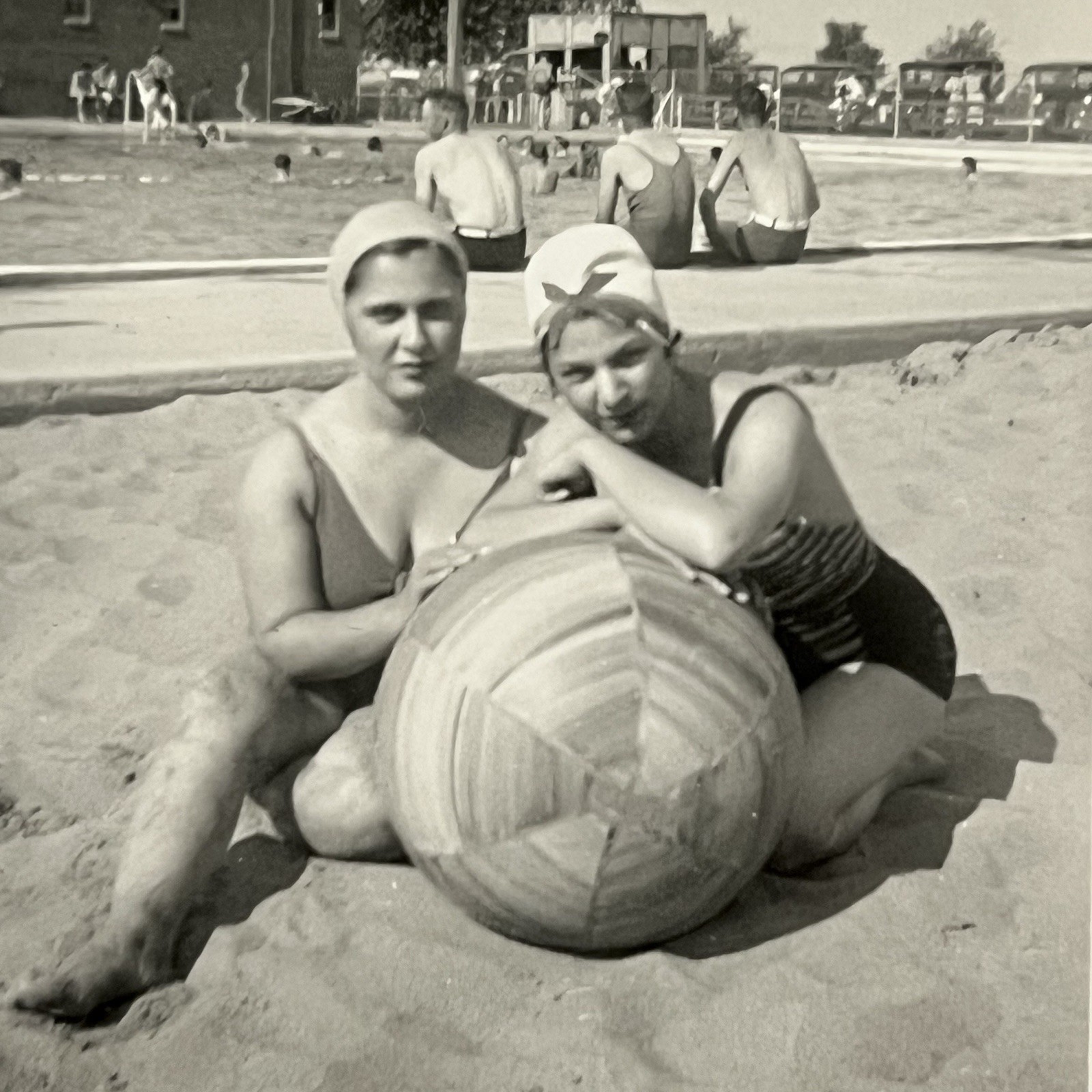 Vintage Snapshot Photograph Beautiful Women At Pool Beach Ball Plus Size