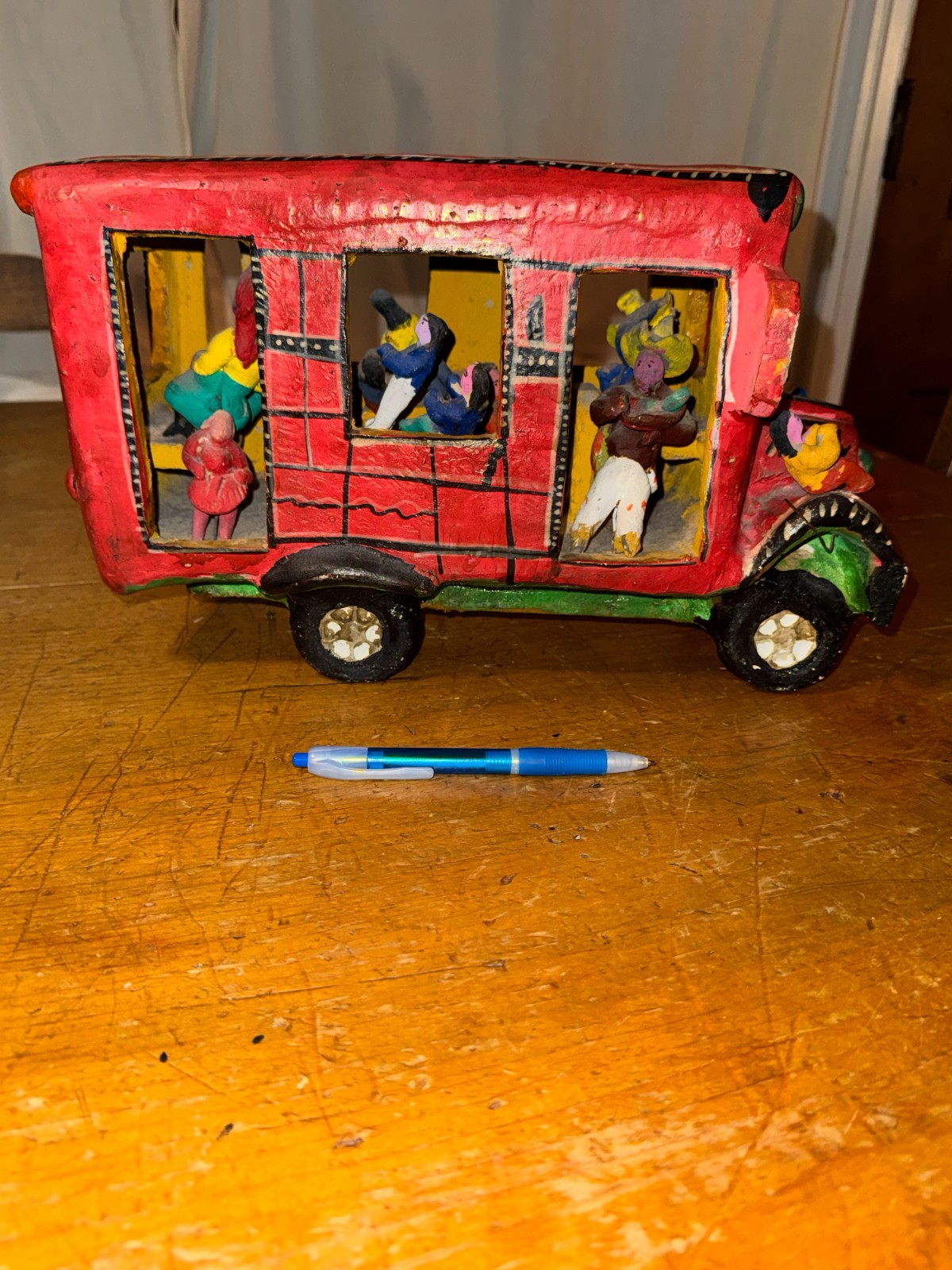 VTG Candelario Medrano RED BUS Sculpture Folk Art Pottery w/ People  (16”)