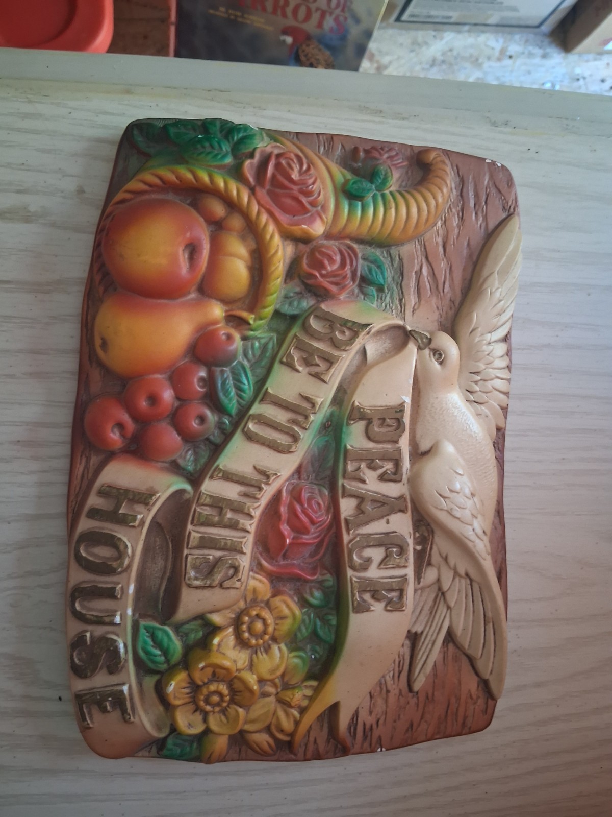 Vtg 1971 Miller Studio Chalkware Peace Be To This House Wall Plaque Cornucopia