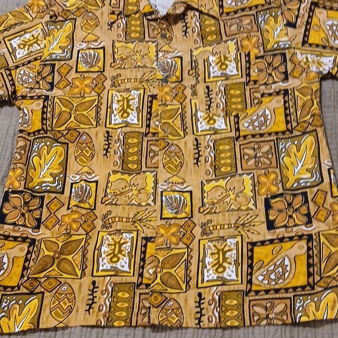 Fiji Islands Men's Hawaiian Shirt Brown/Yellow Tiki  XL Floral Print #022 