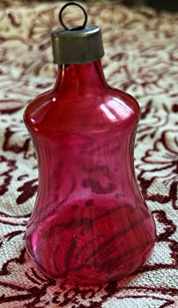 Vintage Premier Christmas Bell Ornament- Unsilvered Red Glass, WWII era