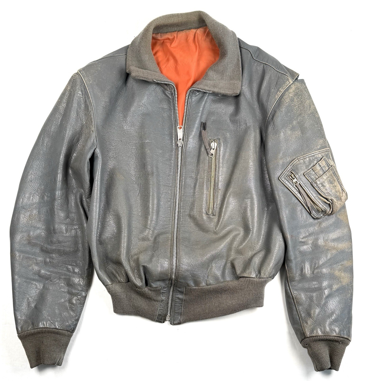 Original 1980s West German Luftwaffe Air Force Gray Leather Pilots Flight Jacket