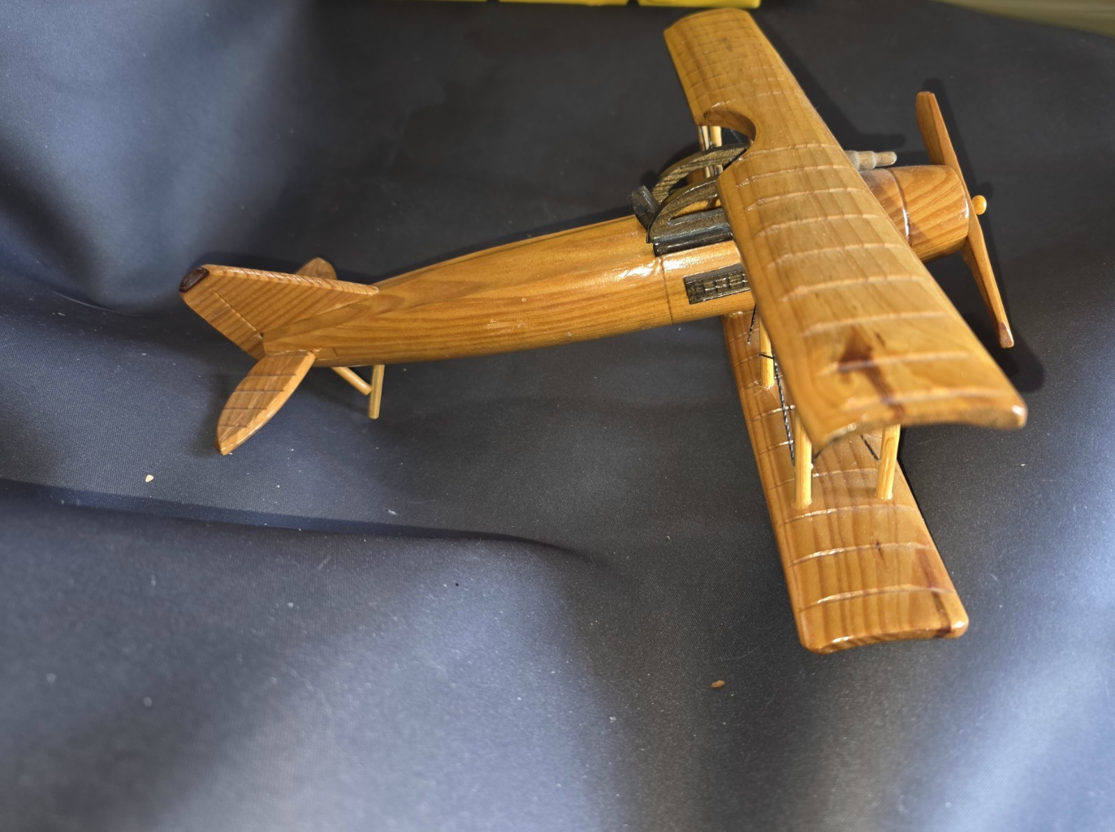 Vintage Handcrafted Wooden Biplane Airplane Model Aviation Decor