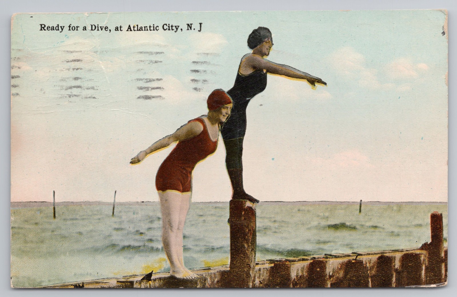 Bathing Beauties Ready for a Dive Atlantic City New Jersey c1914 Postcard