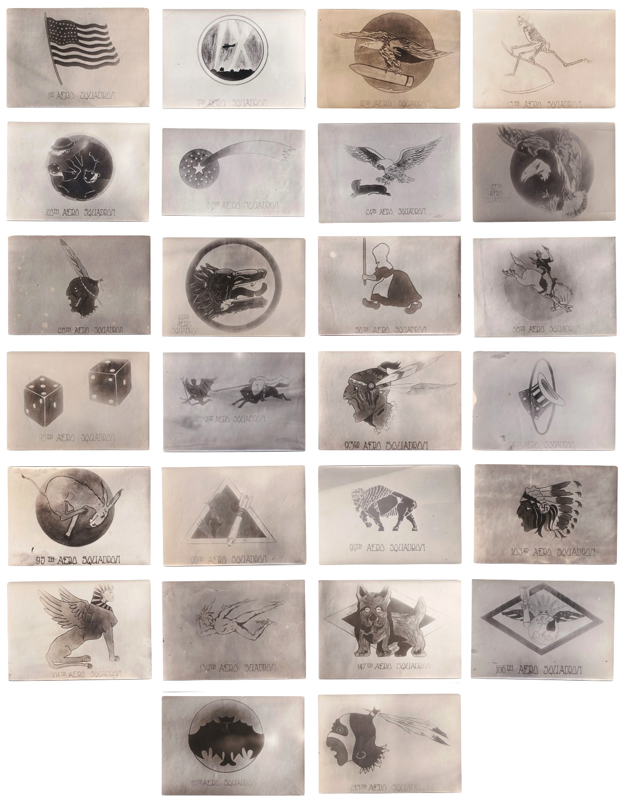WWI Era Airplane Nose Art Photos US Aero Squadrons Insignias Emblems Set of 26