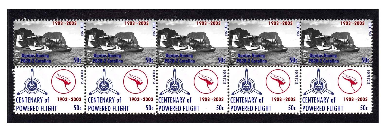 QANTAS CENTENARY OF FLIGHT STRIP OF 10 MINT VIGNETTE STAMPS, CATALINA