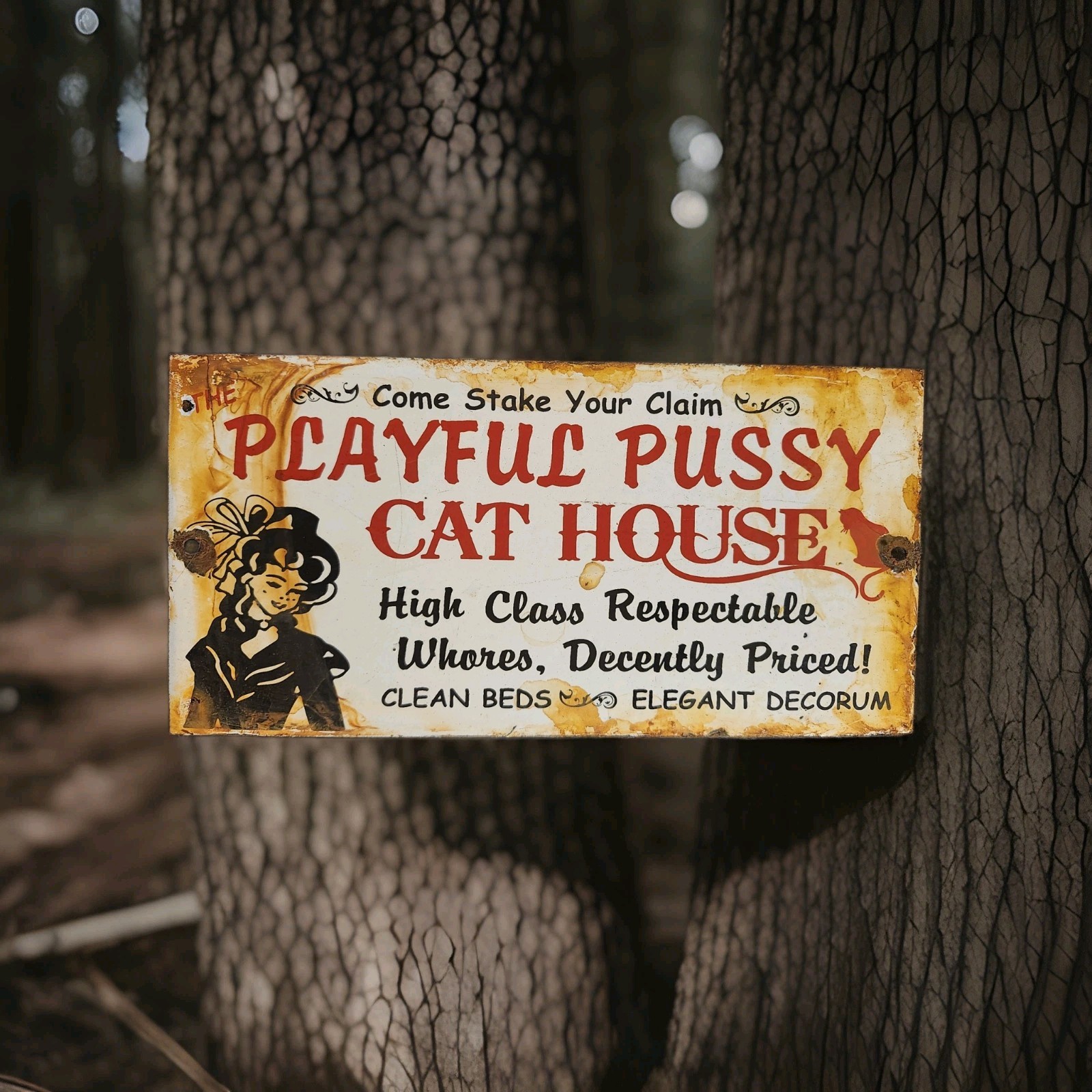 VINTAGE THE PLAYFUL PUSSY CAT HOUSE PORCELAIN SIGN BROTHEL LAS VEGAS NEVADA USA