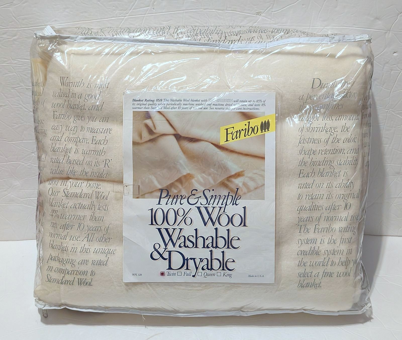RARE NWT VTG Faribo 100% Wool Twin Blanket Satin Trim IVORY/Cream MADE IN USA