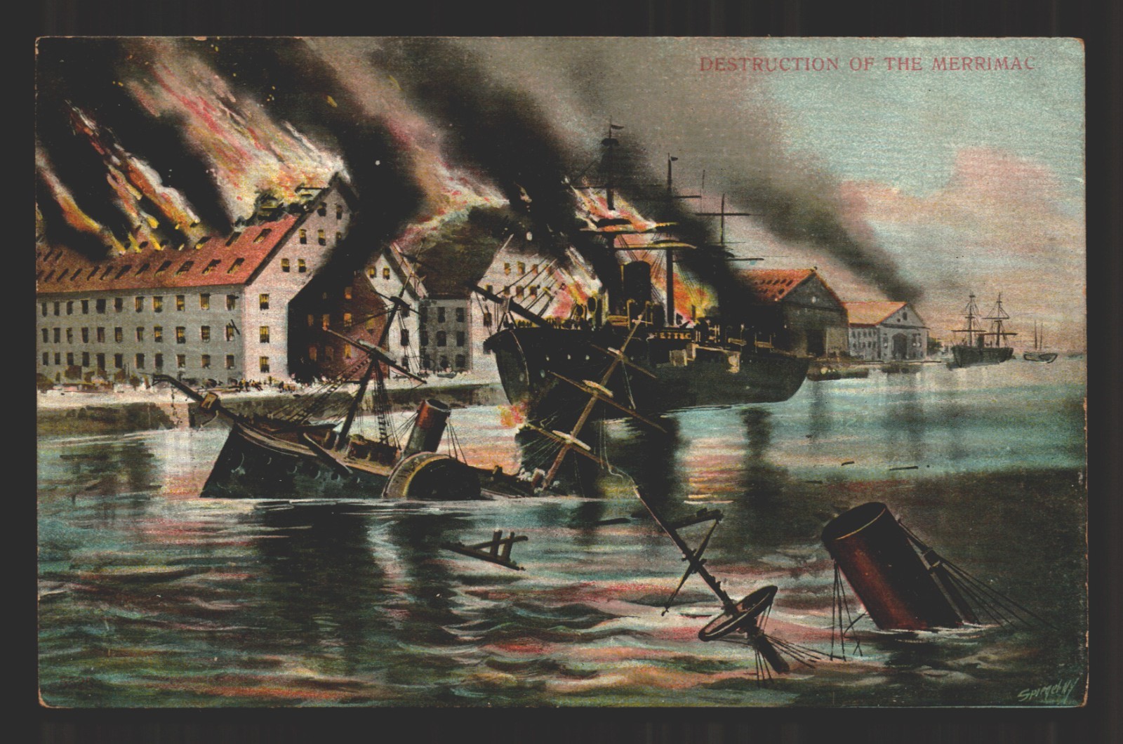 Destruction of the Merrimack Burning Ship Civil War Antique Postcard c.1910