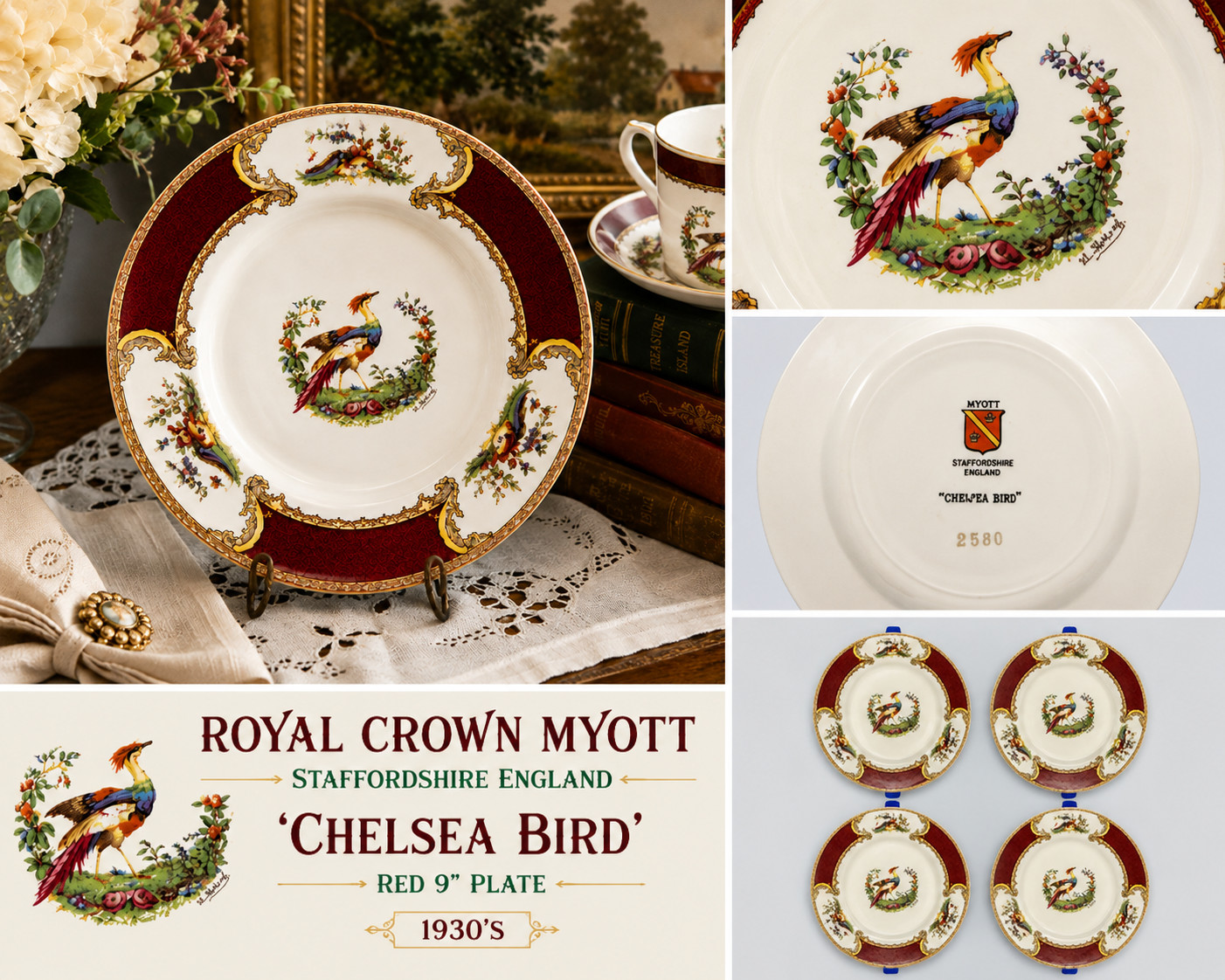 Royal Crown Myott Staffordshire England ‘Chelsea Bird’ Red 9” Plate 1930\'S