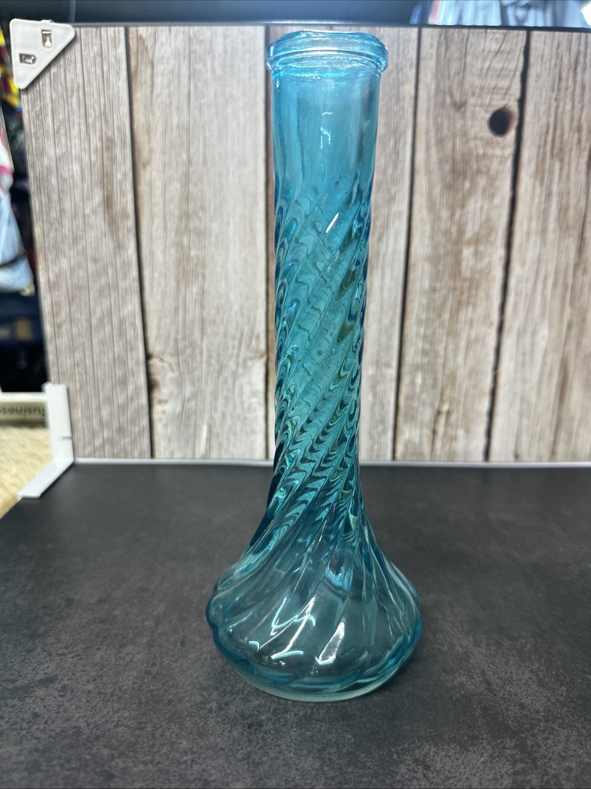 Vintage Aqua Swirl Glass Vase 9” Pressed Glass Teal Bud Vase MCM Style