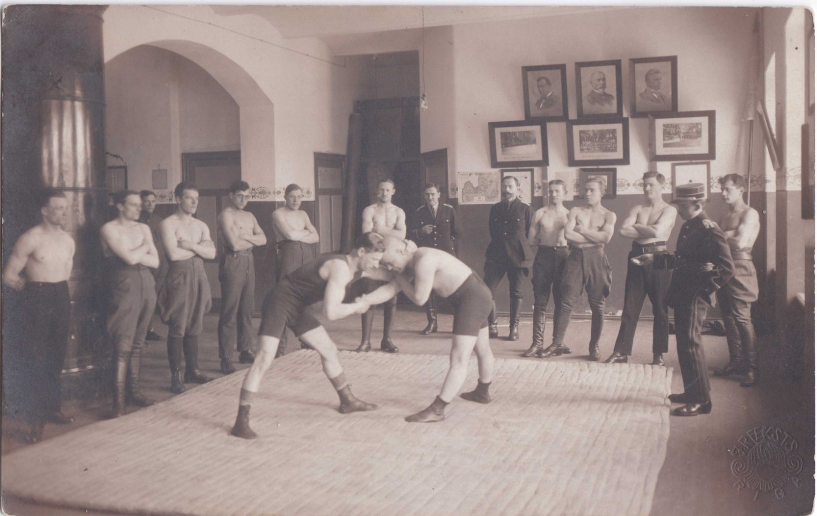 Vintage RPPC - Wrestler training class in Riga, Latvia - Rare - Gay interest