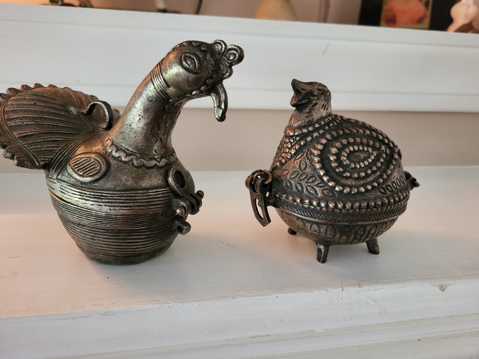Vintage Hand  Cast Brass Dhokra Hinged Birds Trinket Boxes • Set Pair 2.9 Lbs z