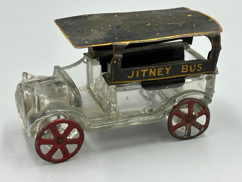 1910s WEST BROS Tin & Glass JITNEY BUS CANDY CONTAINER Antique A&E 114