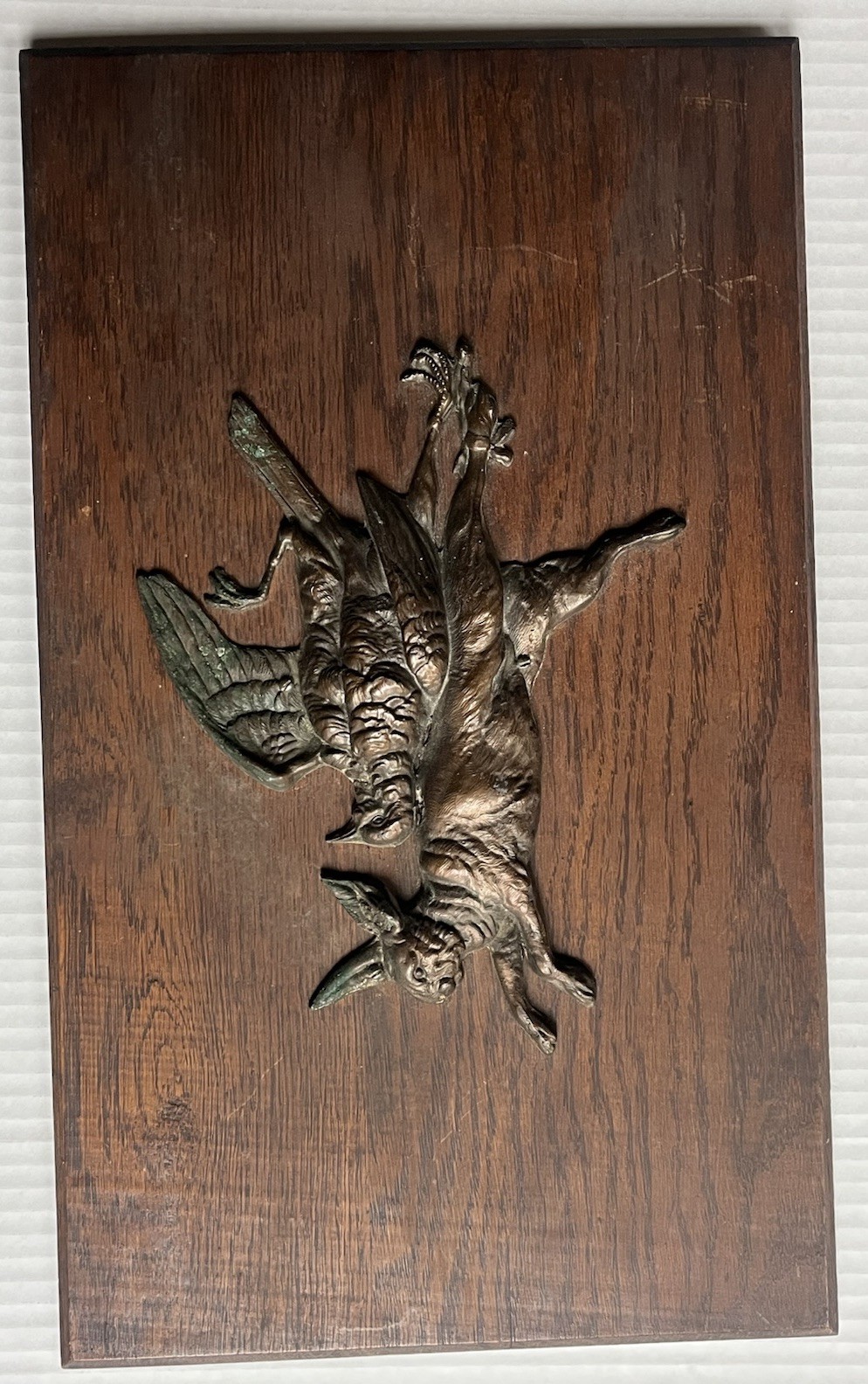 Antique Bronze Hunting Trophy Wall Plaque Art Hare & Bird 