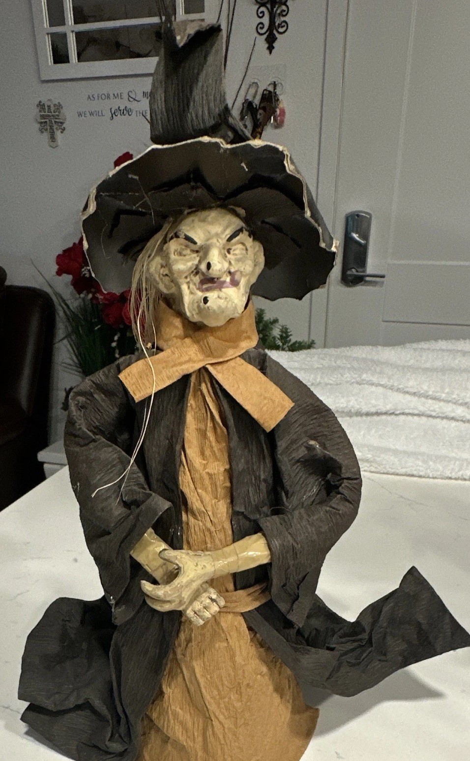 Vintage 1970s Crepe Paper Witch Figurine Halloween Paper Mache Folk Art