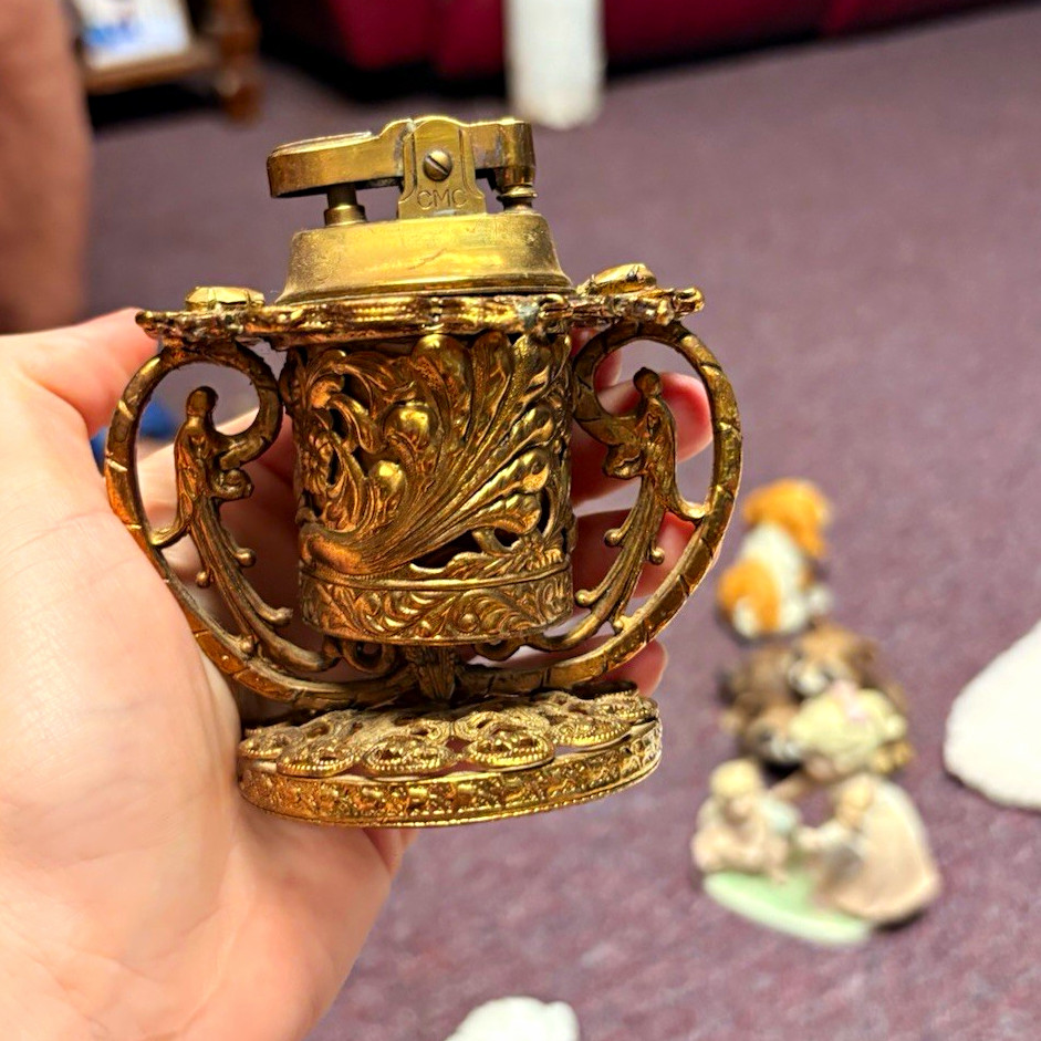 Ornate Gold Tone Trophy Cup Style Table Lighter, Gold Decorative Tabletop