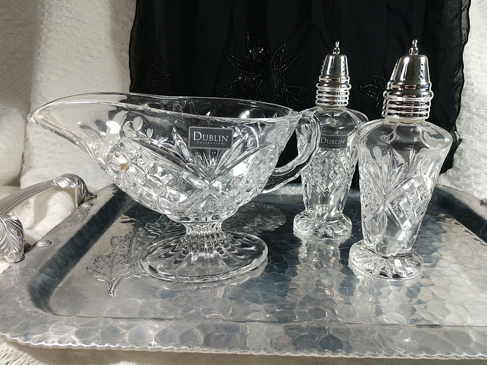 VTG X2- Shannon Godinger Dublin Ireland Crystal SALT PEPPER SHAKERS + GRAVY BOAT
