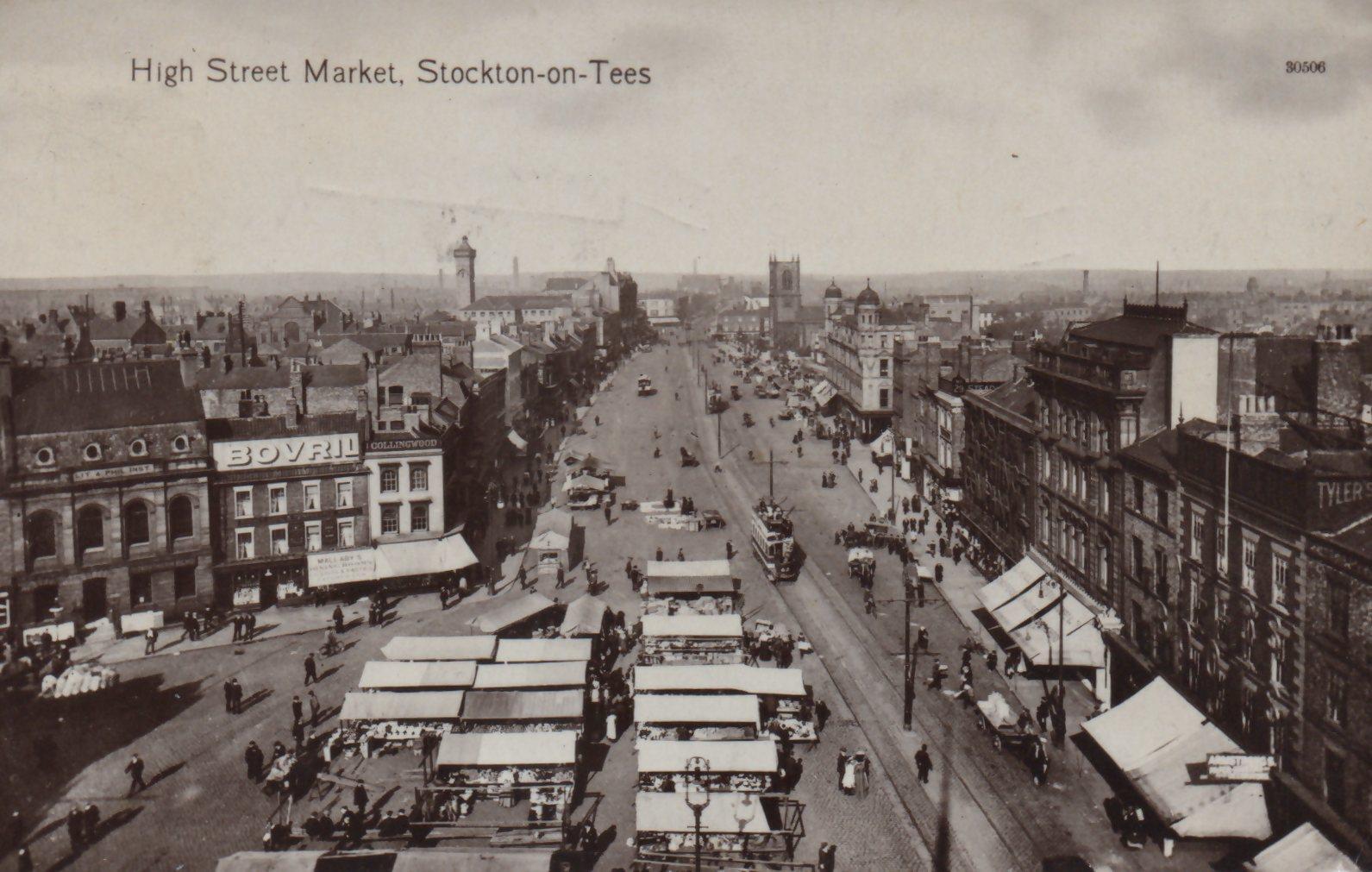 1918 Real Photo High Street Market Stockton-on-Tees POSTCARD Warbonds Postmark