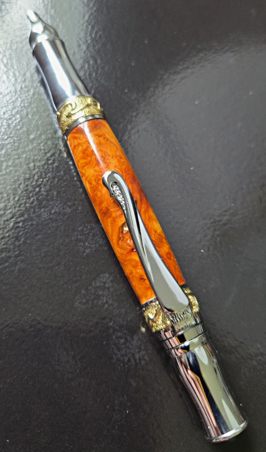 Handcrafted Red Amboyna Burl Nouveau Sceptre Twist Ballpoint Pen. Chrome & Gold