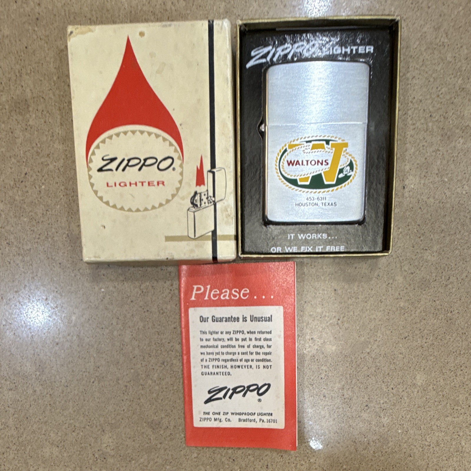 Vintage 1969 Zippo Slim Lighter Walton’s Houston TX Advertising w/ Box & Papers