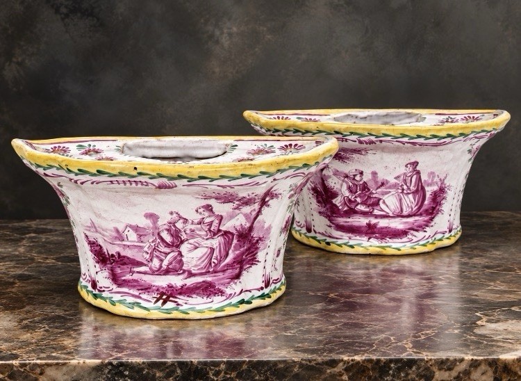 PAIR OF ANTIQUE FRENCH FAIENCE BOUGH POTS  JARDINIERES 19th Century