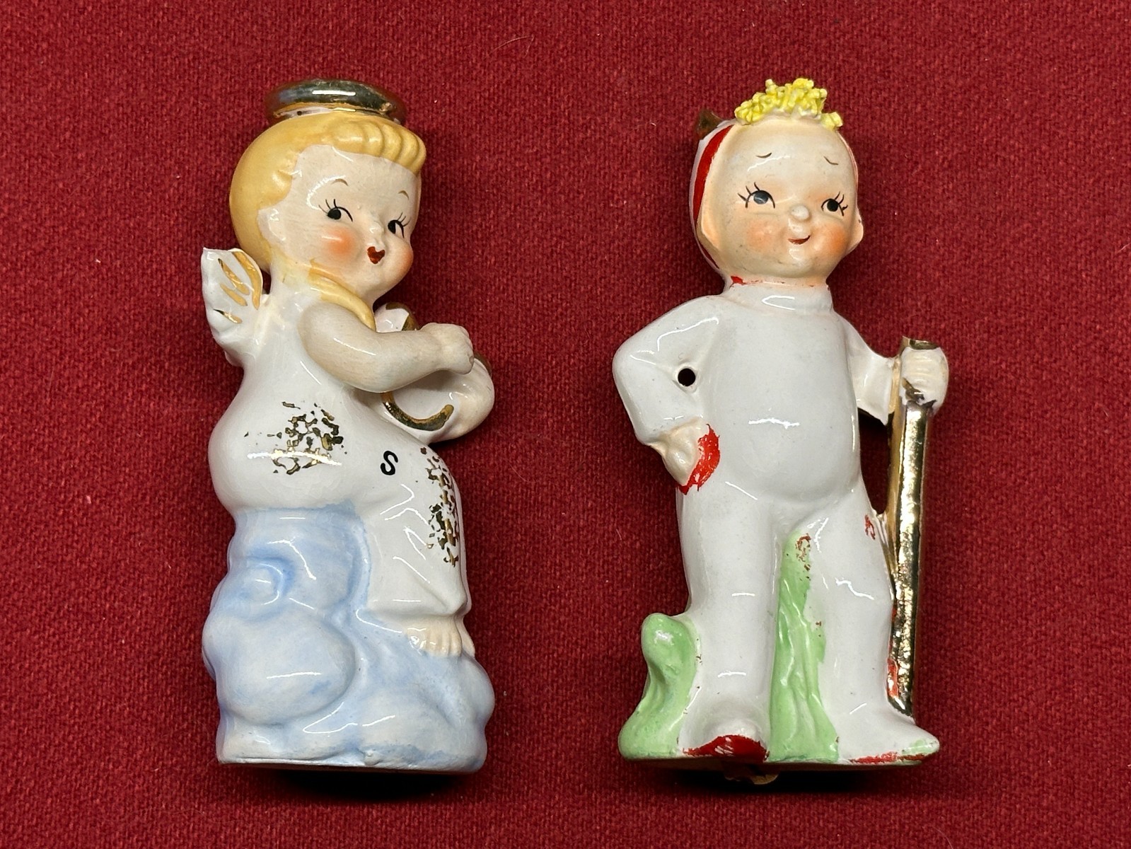 Vintage 1950s Angel & Devil Children Salt & Pepper Shakers Ceramic Gold Trim