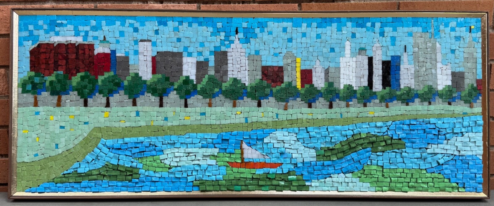 Vintage MCM Multi-Color Cityscape Mosaic Wall Hanging Mid Century Modern 60s