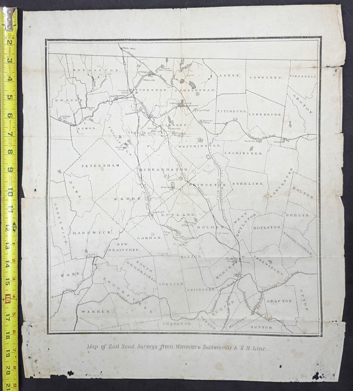 1845 Worcester MA Railroad Survey Map Fitchburg RR Baldwinville Antique