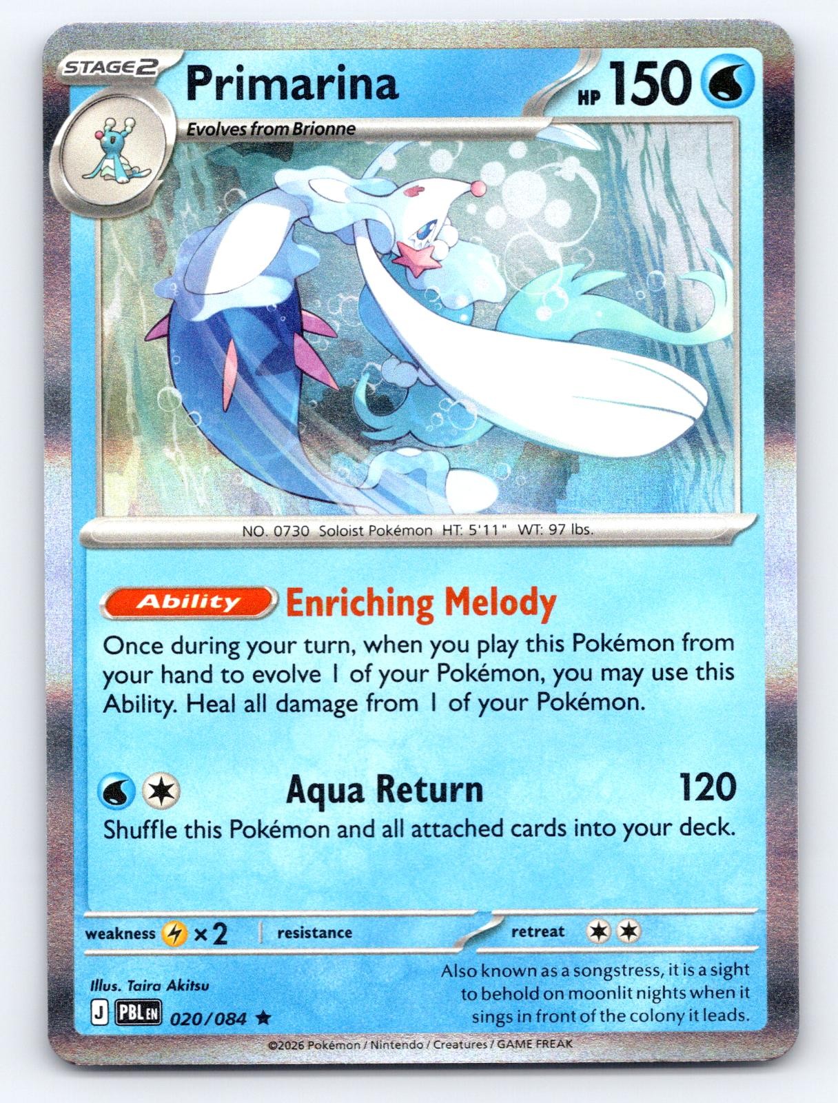Primarina 020/084 Rare Pitch Black Pokemon Holo Near Mint