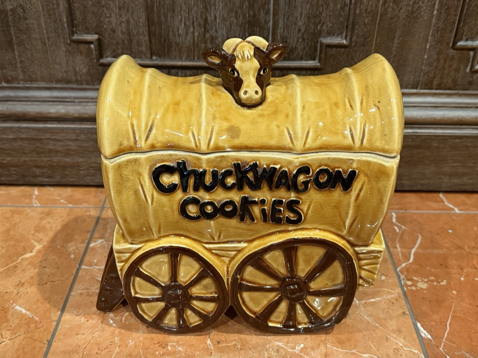 NORITAKE NORCREST CHUCKWAGON COOKIES WESTERN TAN BROWN COOKIE JAR LID MCM 1970S