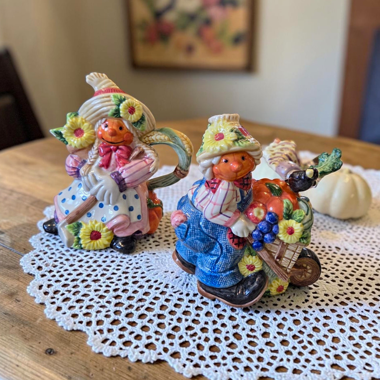 Fitz and Floyd Scarecrow Creamer & Sugar Bowl w/ Lid Spoon Set Ceramic 1996 IOB