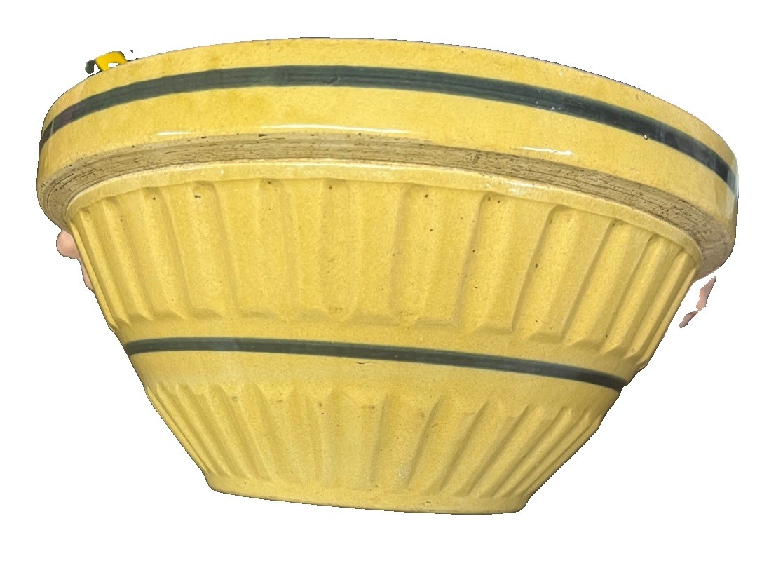 RARE Vintage Fluted Yellow Ware Stoneware Mixing Bowl with Blue Stripes 12”