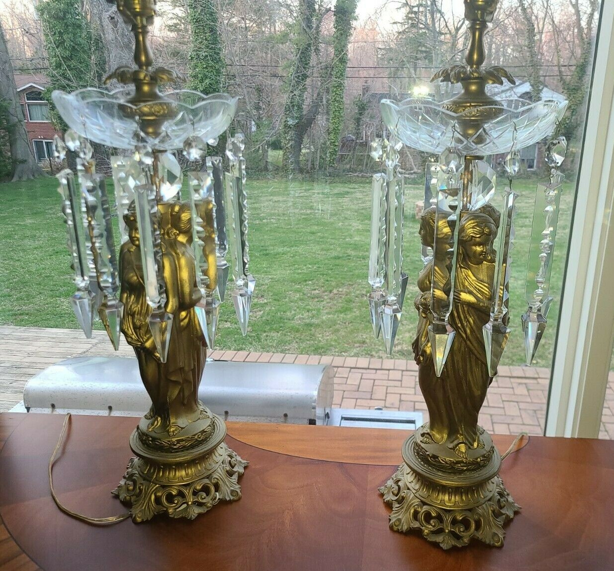 STUNNING PAIR ANTIQUE GILT SPELTER PRISM GODDESS LAMPS