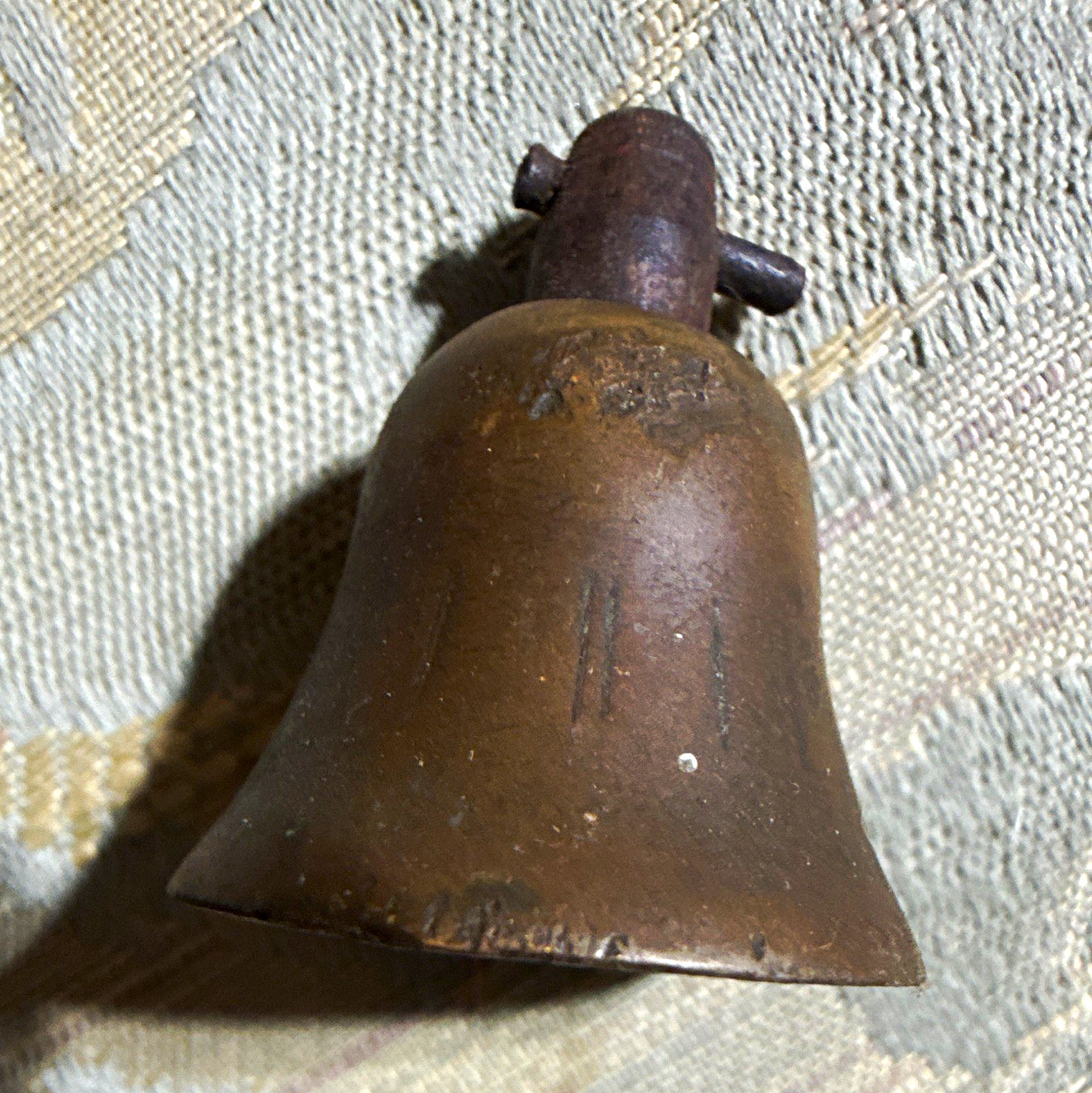 Small Rustic Brown Metal Bell w/ Mounting Post, 2 in Tall, 1900-1949
