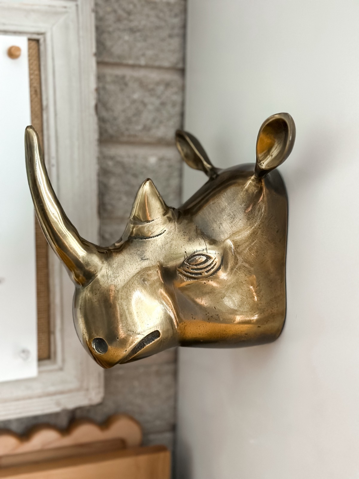 set of 2 vintage brass rhinoceros head wall mount hanging rare hollow