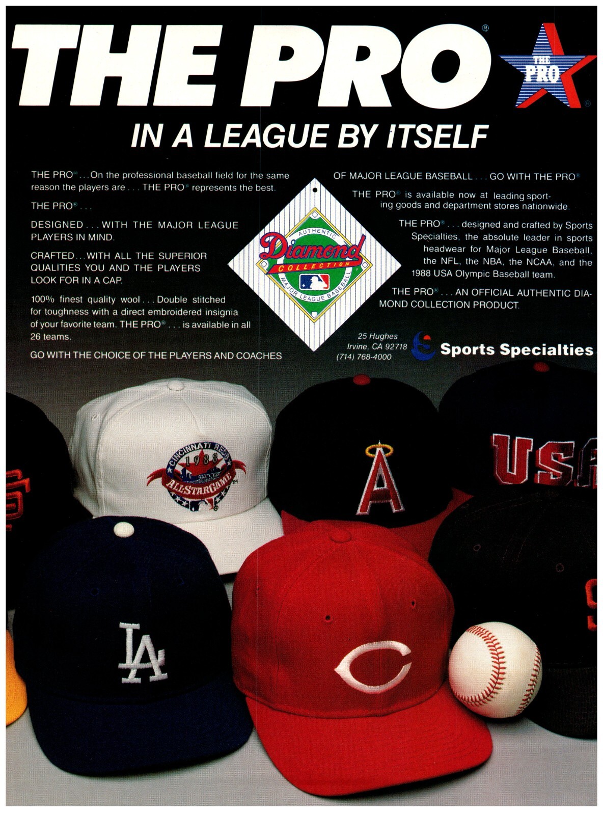 PRINT AD, 1988 Diamond Collection MLB The Pro Baseball Cap Hat Reds Dodgers USA