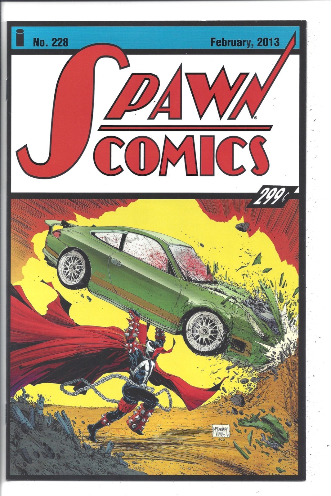 Spawn #228 NM (9.2) 2013 - Mighty McFarlane Car Trashing Action Comics Homage