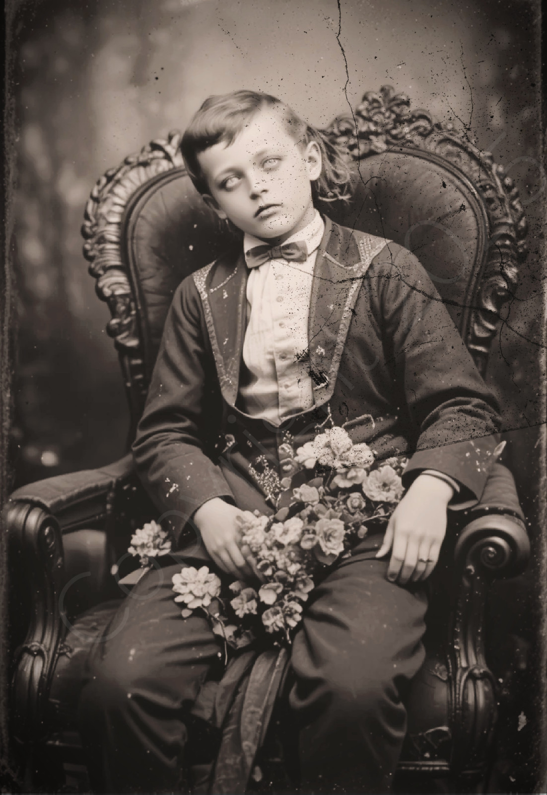 Boy Child Photo Print Post Mortem Child In Chair Flowers Antique Victorian