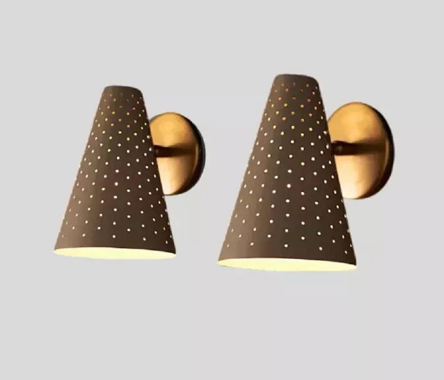 Pair Mid Century Modern Brass Wall Sconce Cone Shade Retro Wall Light Handmade
