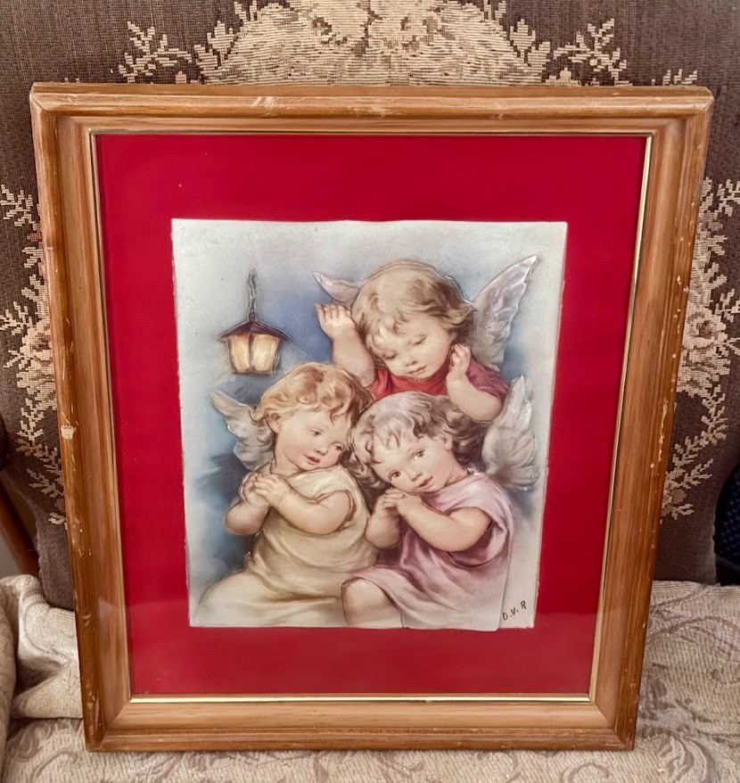 Vintage 3D Cherub Angel Wall Relief MCM Wood Double Framed Matted Signed D.V.R.