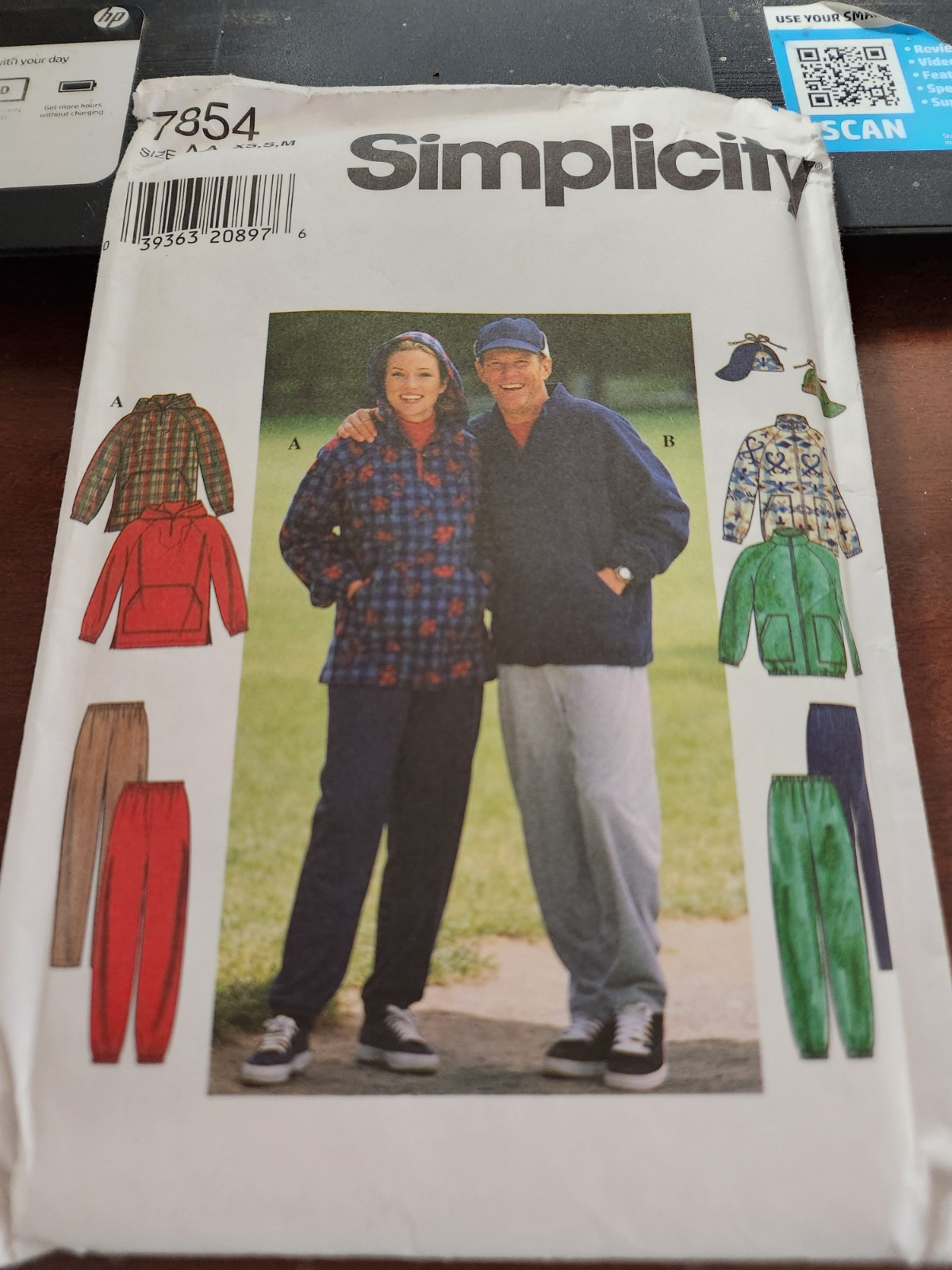 Simplicity 7854 Unisex Pullover Jacket Top with Optional Hood Pants  XS-M Uncut