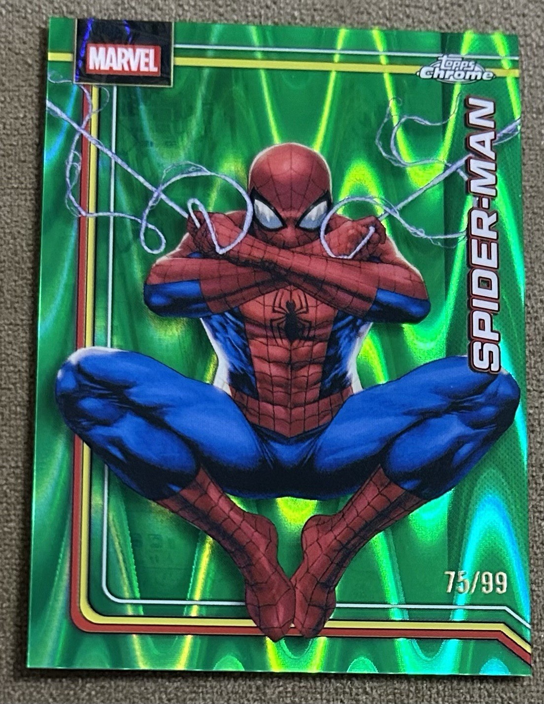 2026 Topps Chrome Marvel Comics Spider-Man Green Raywave Refractor Card #75/99