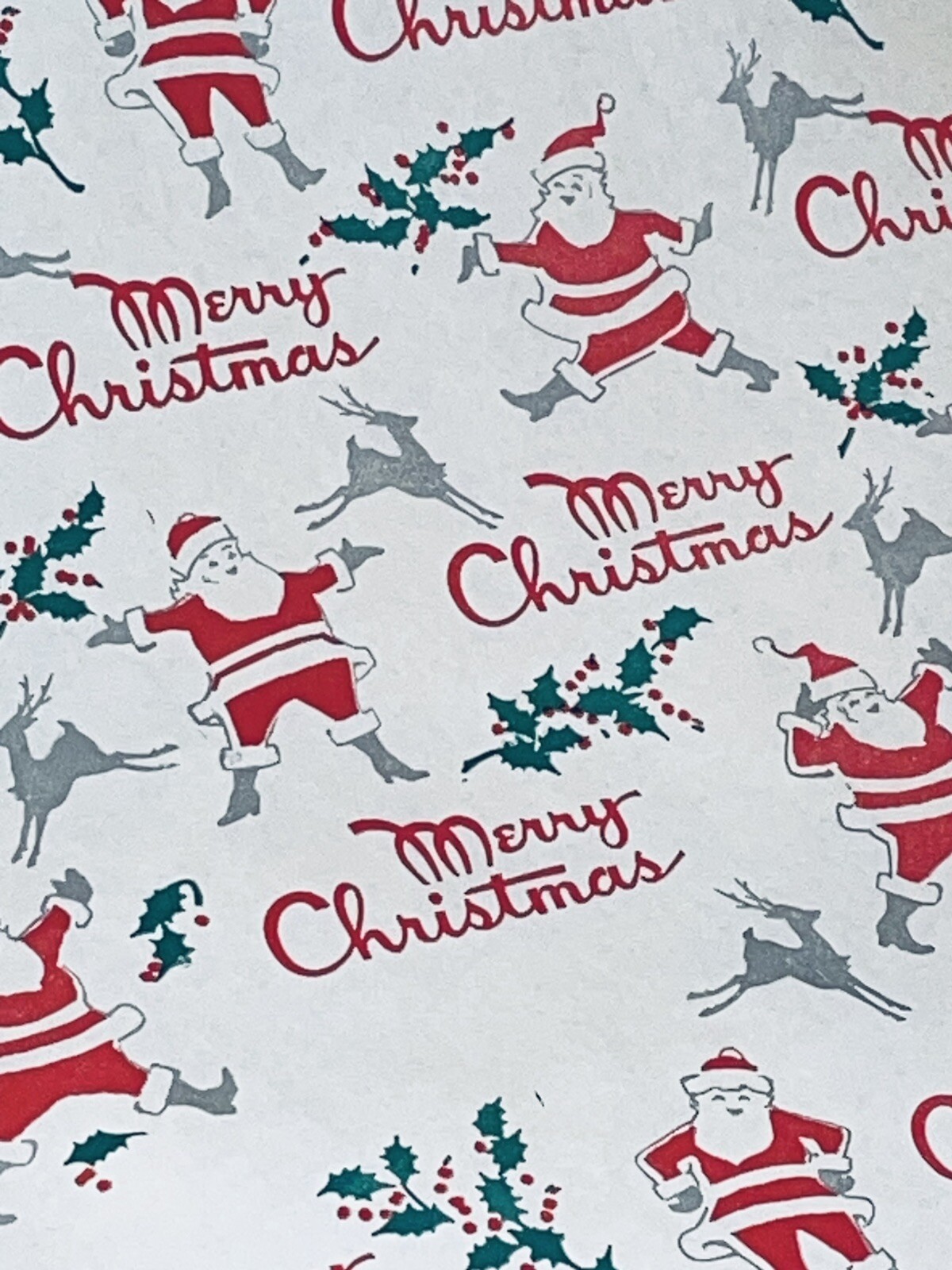 VTG MERRY CHRISTMAS WRAPPING PAPER GIFT WRAP SANTA REINDEER HOLLY NOS