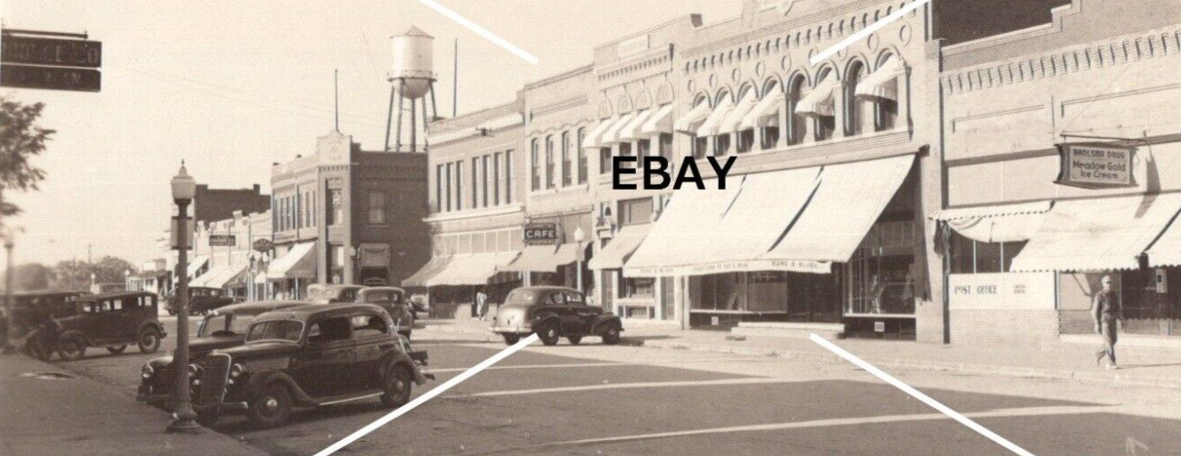 C 1939-1950 OOAK RPPC Postcard Mainstreet Woodward Iowa Cars Brolsma Drug EKC BW